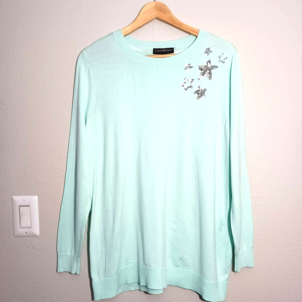 Lane Bryant Formal Silver Sequin Star Decor Long Sleeve Green Size 14/16 Sweater